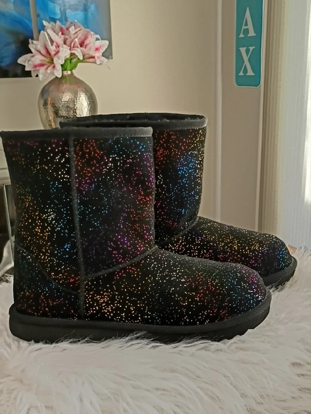 New UGG Classic II Shimmer Sky Glitter Boots in Black Rainbow Glitter